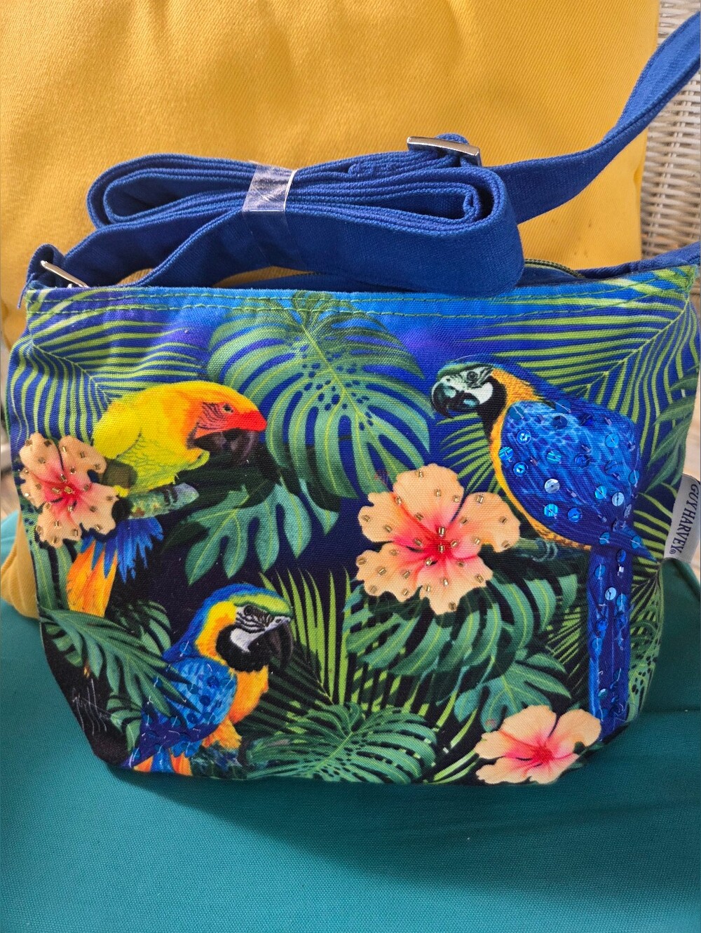 NEW Guy Harvey Sequin And Bead Tropical Parrot Print Crossbody Bag - Blue